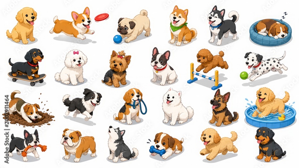 Obraz premium Cute Dog Breeds Cartoon Collection Adorable Puppy Characters Set with Various Poses