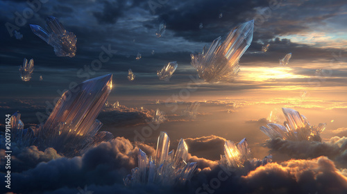 A surreal landscape featuring floating crystals amidst clouds under a dramatic sky at sunset time
