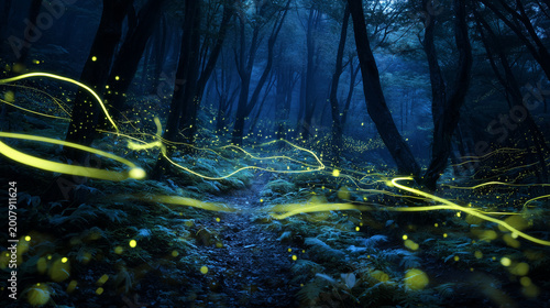 A dark forest path illuminated by glowing fireflies creating light trails at night time scene