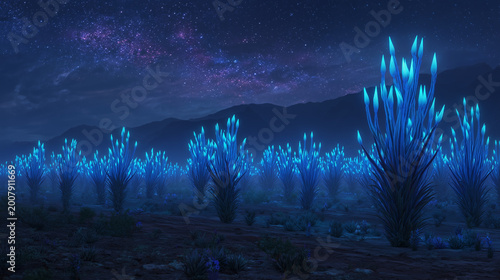 Field of glowing blue crystal plants under a starry night sky with distant mountain silhouettes