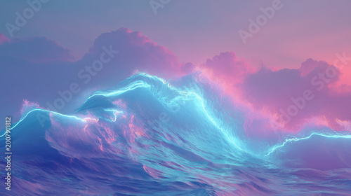A vibrant abstract landscape featuring glowing blue waves against a pastel sky with pink clouds