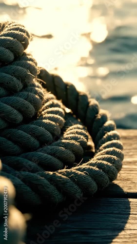 Thick nautical rope coiled on a weathered wooden dock with the sun reflecting on the ocean water in the background creating a warm golden hour mood