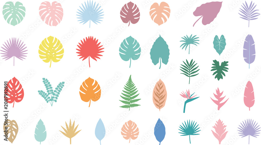 Fototapeta premium Pastel colored set of tropical leaf icons designed for summer patterns and decorative backgrounds