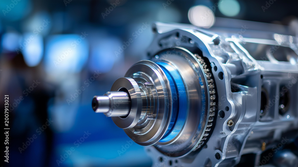 Fototapeta premium Detailed cutaway view of a modern internal combustion engine block revealing internal components and engineering precision. Defocused background. Engine block cutaway, modern ICE,