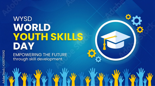 World youth skills day banner with graduation cap icon and gear symbols above many raised hands for global education and training concept
