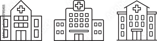 Hospital Building Line Icon, Three different hospital building line icons in a row on white