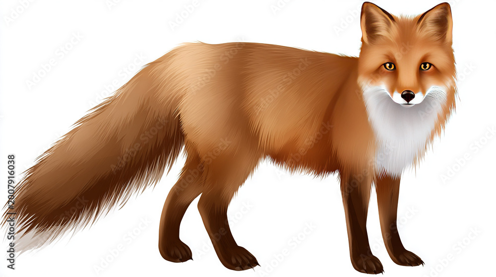 Fototapeta premium Fox with bushy tail standing on white background