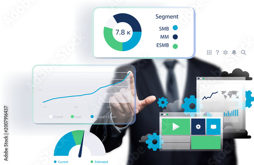 Business professional interacting with virtual analytics dashboard featuring charts, graphs, and performance metrics. Concept of data analysis, financial growth, KPI tracking