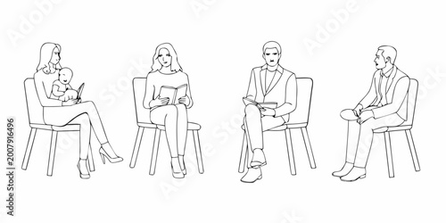 Foto seated people line art four figures in chairs on white background