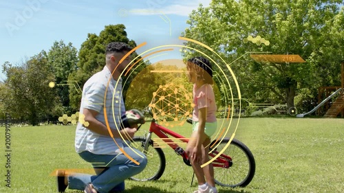 Dad walking with helmet, kneeling and fitting helmet on girl for bike safety, HUD overlay centering