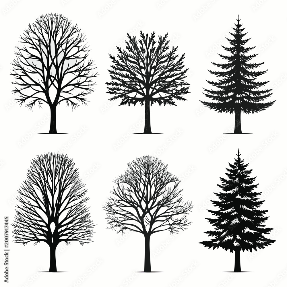 Obraz premium Six tree silhouettes line art vector illustration on white background