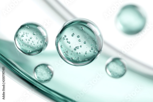 Abstract macro of cosmetic liquid bubbles and molecular spheres. Scientific background with translucent cells for biotechnology and skincare concepts