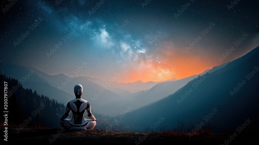 Obraz premium AI consciousness and humanoid robot mindfulness, AGI future concept