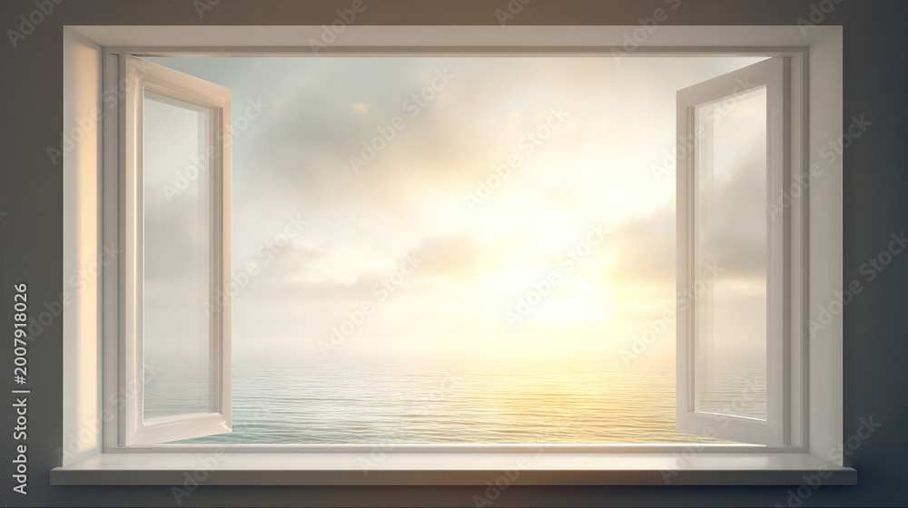 Fototapeta premium Open Window with Sunrise Over Water