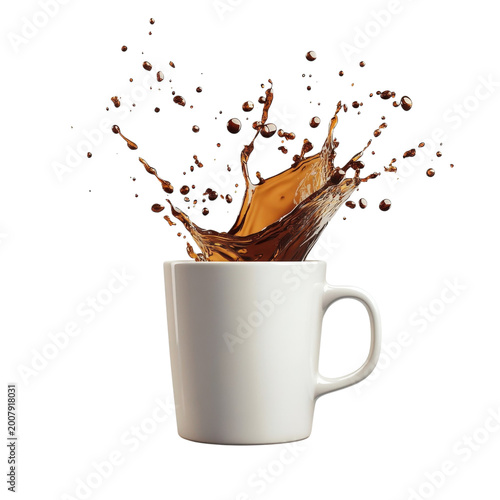 Coffee splash exploding from a white mug against a transparent background in studio shot.