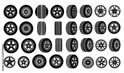 Fotografía Black silhouette car tire and wheel icon collection with rim and tread protector