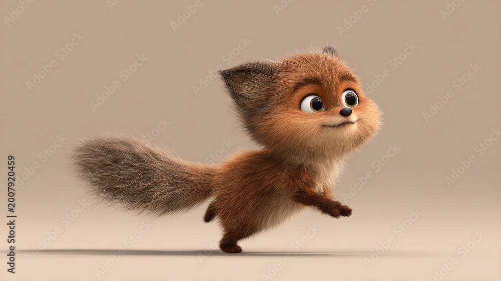 Obraz premium Cute cartoon red fox running with fluffy tail