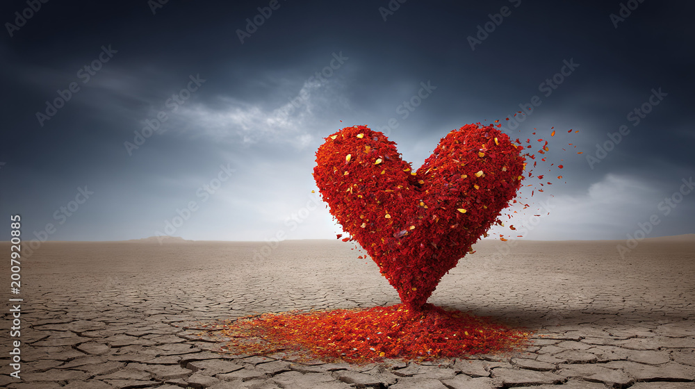 Fototapeta premium Heart made of red petals dissolving into arid landscape