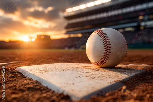 close up baseball on home plate with sunset stadium lighting