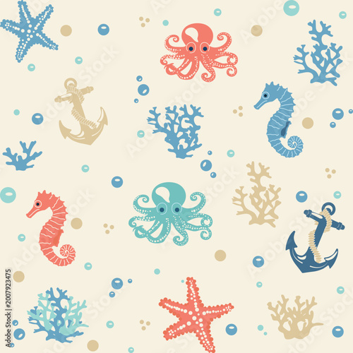 Seamless vector pattern with cute marine elements including octopus, seahorses, anchors, starfish and coral. Soft pastel color palette with blue, coral and beige tones creates a calm ocean atmosphere.