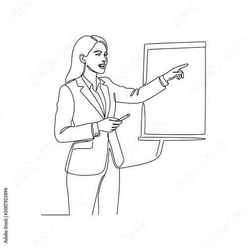 Sales employee pitching on a whiteboard. One line drawing of a business presentation. Vector illustration