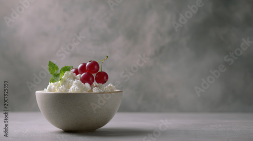 White bowl filled with cottage cheese topped with cherries and mint leaves