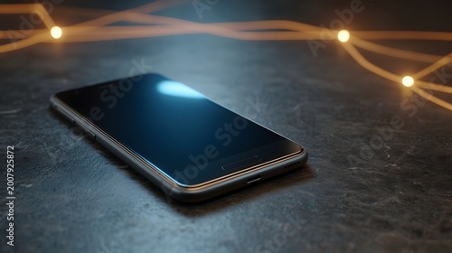 A sophisticated smartphone rests on a dark surface interconnected with luminous lines representing abstract data flow and technological connectivity