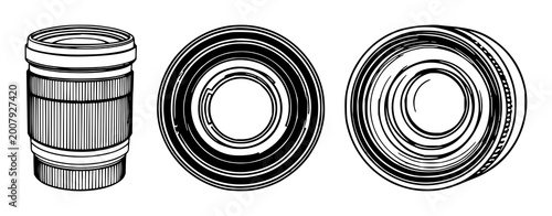 Schilderij op canvas Camera lens set with black line art on white background featuring camera optics,
