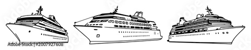 Fotografía Cruise ship set with black line art illustration on white background featuring c