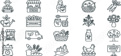 Organic farming and farmers market icon set featuring fresh produce vegetables fruits delivery and agriculture elements in clean outline style for eco food branding
