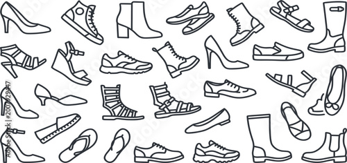 Fotografía Shoes outline icons collection with sneakers heels boots sandals loafers and cas