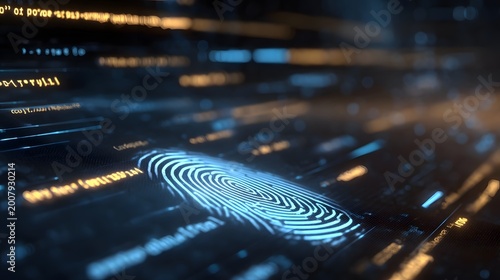 Glowing biometric fingerprint scan displayed on a complex digital data interface symbolizing advanced security and analysis in a technological