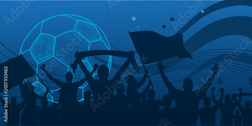 Football or soccer fans crowd cheering on stadium - banner, poster, card - vector illustration