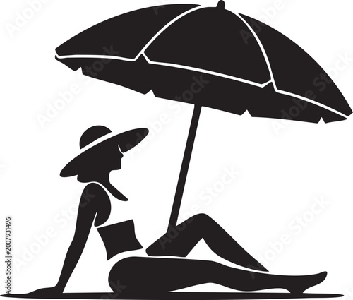 Fotografija Woman Relaxing Under Beach Umbrella Summer Vacation Silhouette Illustration