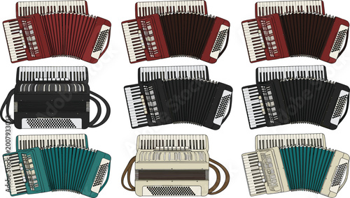 Принти на полотні Accordion instrument collection vector set with classic musical squeezebox desig