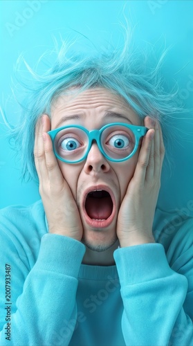 Startled young person with messy blue hair screaming in shock while wearing teal glasses. Monochrome blue portrait of an eccentric character expressing extreme surprise.