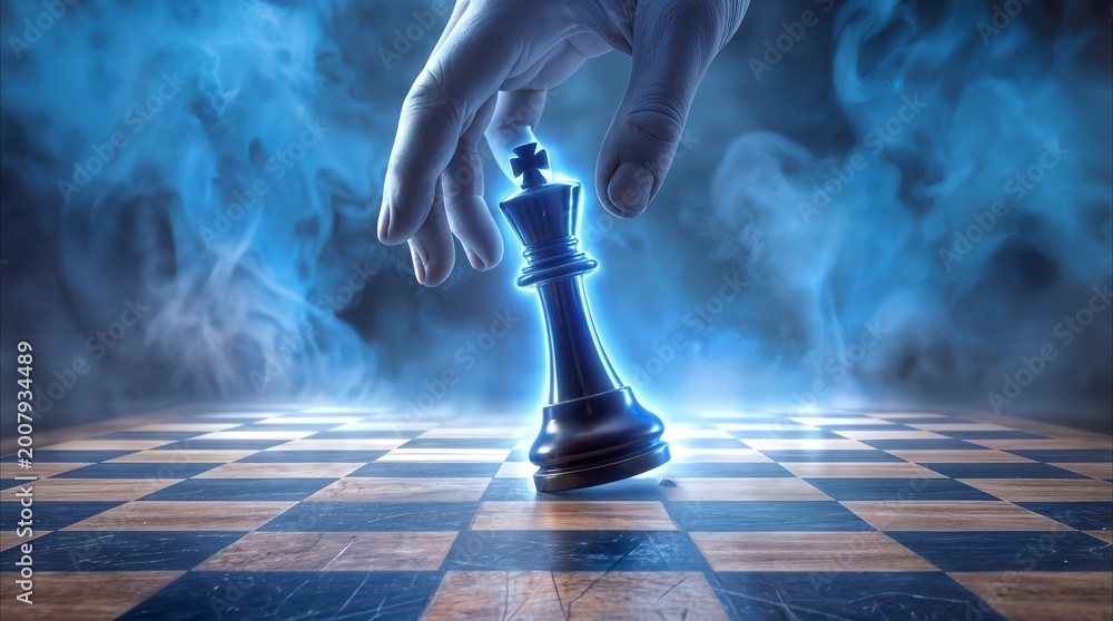 Fototapeta premium Player lifting glowing chess king from wooden board. Strategic move in competitive game with blue smoke background.