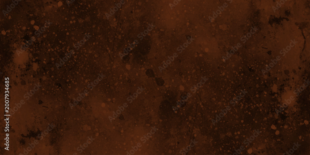 Obraz premium Dark moody brown abstract background with gold splatter, gritty cosmic nebula texture, and vintage rustic copper patina.