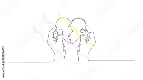 Hands holding broken heart in two pieces, symbolizing sadness, loss, and emotional pain in minimalist art.