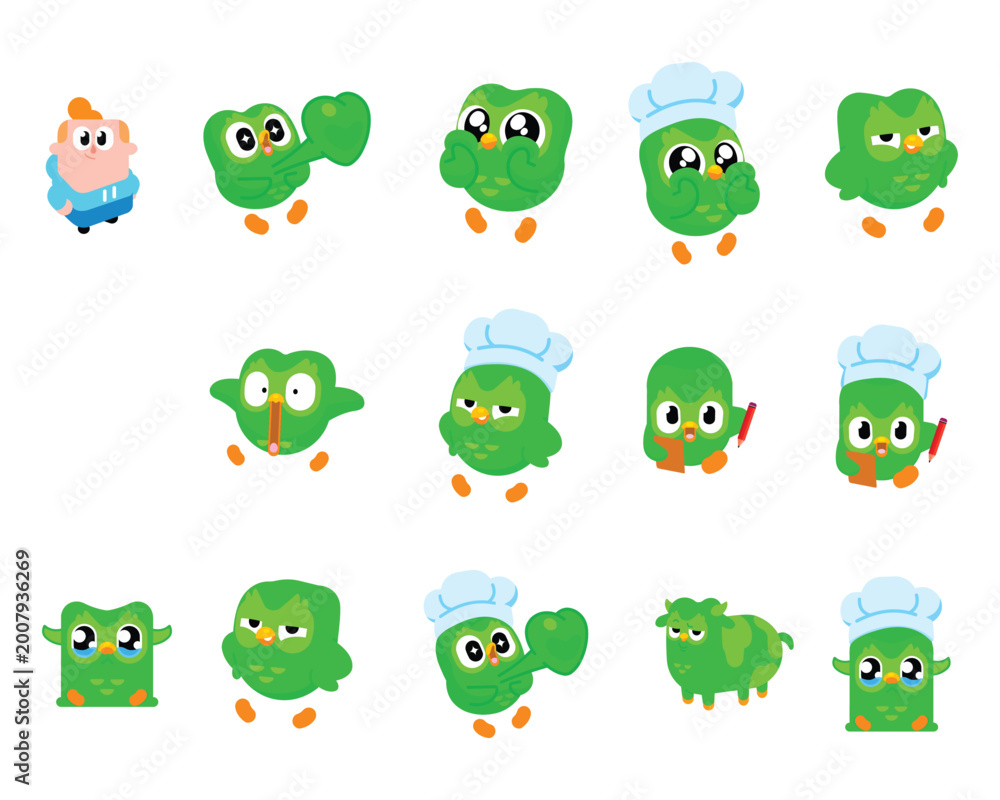Naklejka premium Set of cute green owl cartoon character stickers Vector