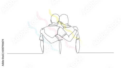 Continuous line art drawing two men hugging from back. concept of friendship. minimal design vector illustration.