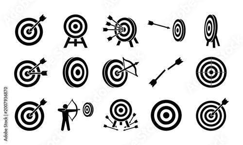 Target Icons Set, Archery Bullseye Graphics, Aim and Success Symbols, Vector Collection for Business Goals and Strategy