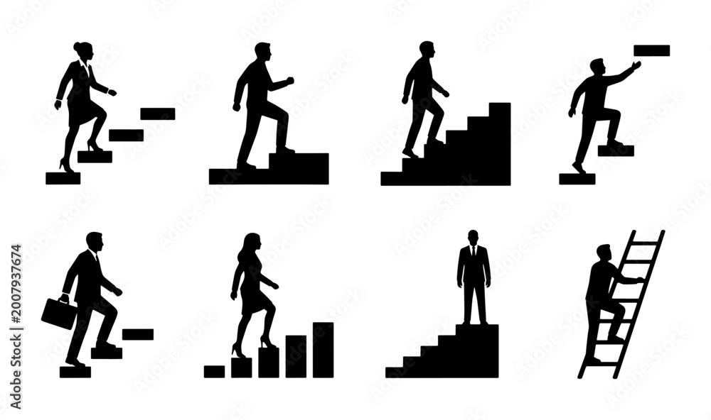 Fototapeta premium Business Growth Icons: Silhouettes of People Ascending Stairs and Ladders, Representing Career Advancement, Success, and Goals