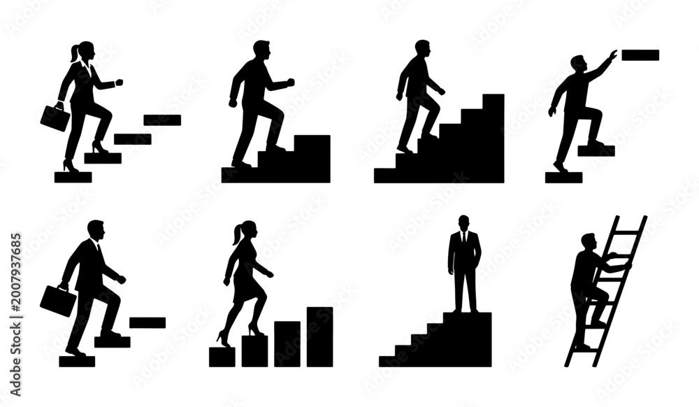 Fototapeta premium Business Growth Icons Set: Silhouettes of People Climbing Stairs and Ladders, Representing Career Advancement, Success, and Progress. SVG Vector Graphics for Corporate Concepts.