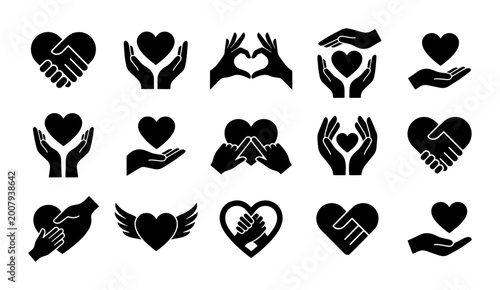 Foto Heart and Hand Icons Set: Love, Care, Support, Charity, Partnership, Friendship,