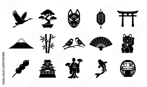 Japanese Icons Set: Traditional Symbols, Cultural Elements, and Cultural Icons in SVG Format for Design Projects