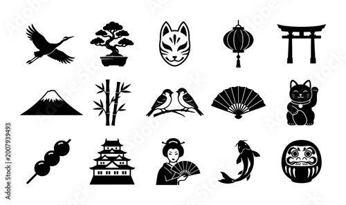 Schilderij op canvas Japanese Culture Icons Set: Traditional Symbols, Geisha, Koi Fish, Daruma Doll,