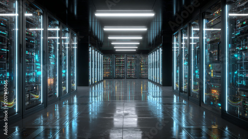 Modern Data Center Interior | Illuminated Server Racks with High Performance Computing and Secure Digital Infrastructure
