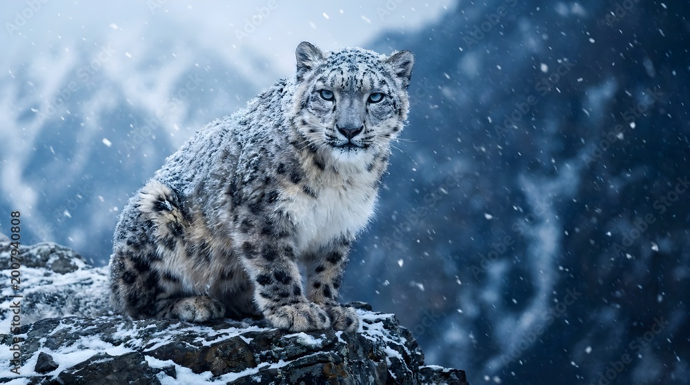 Fototapeta premium Majestic Snow Leopard Perched on Rocks During Heavy Winter Snow Blizzard in Wilderness