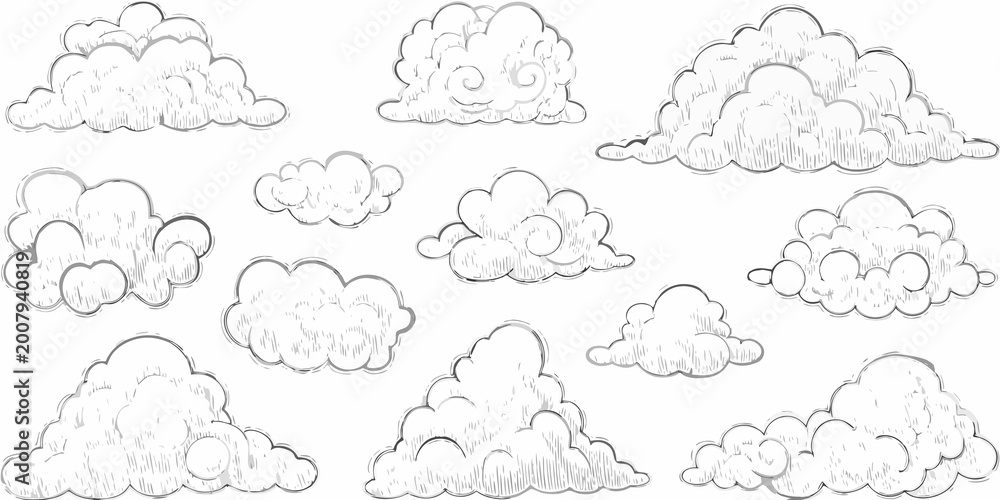 Fototapeta premium hand drawn cloud sketches ink style illustration set